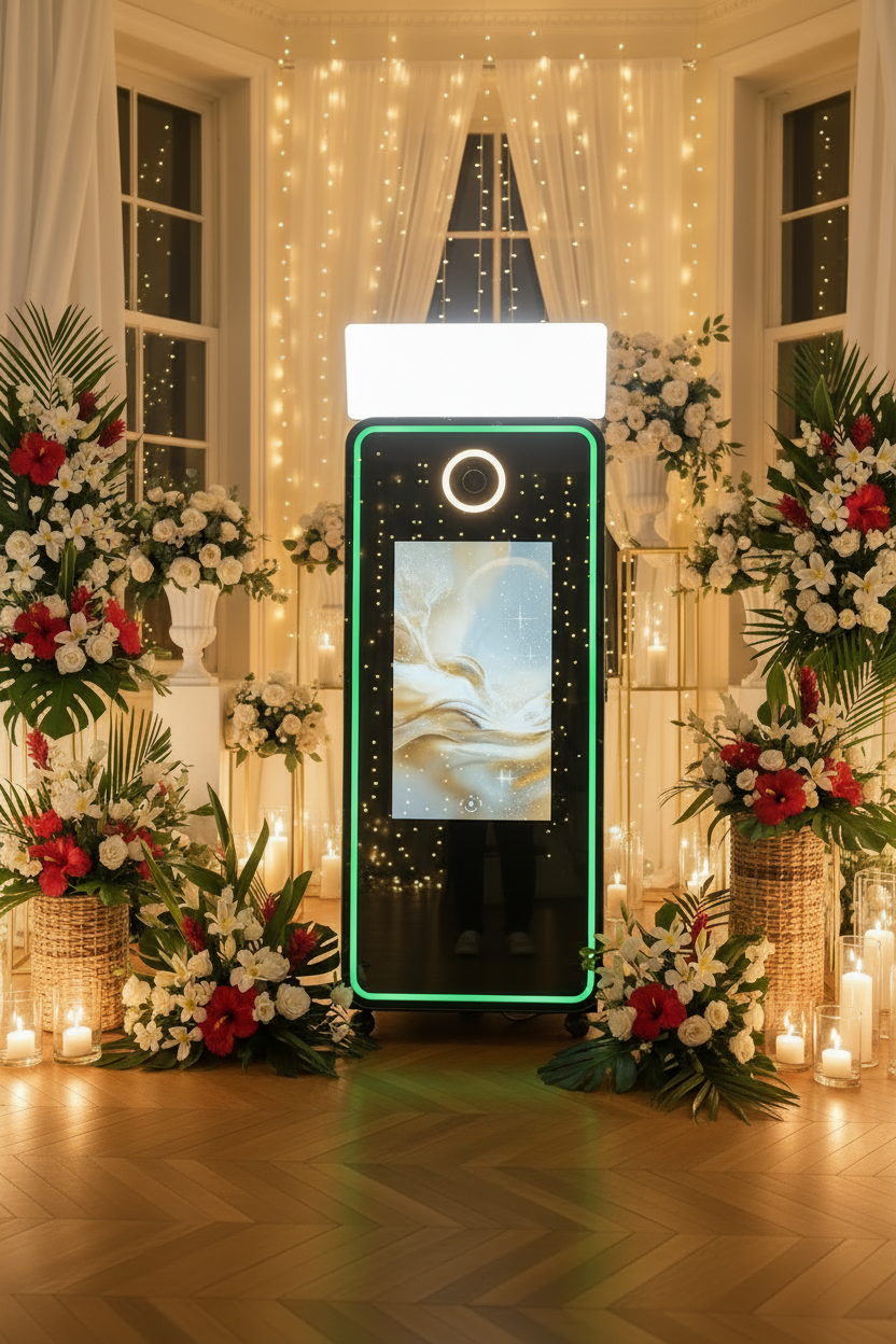 Photobooth miroir noir décor mariage tahitien tropical